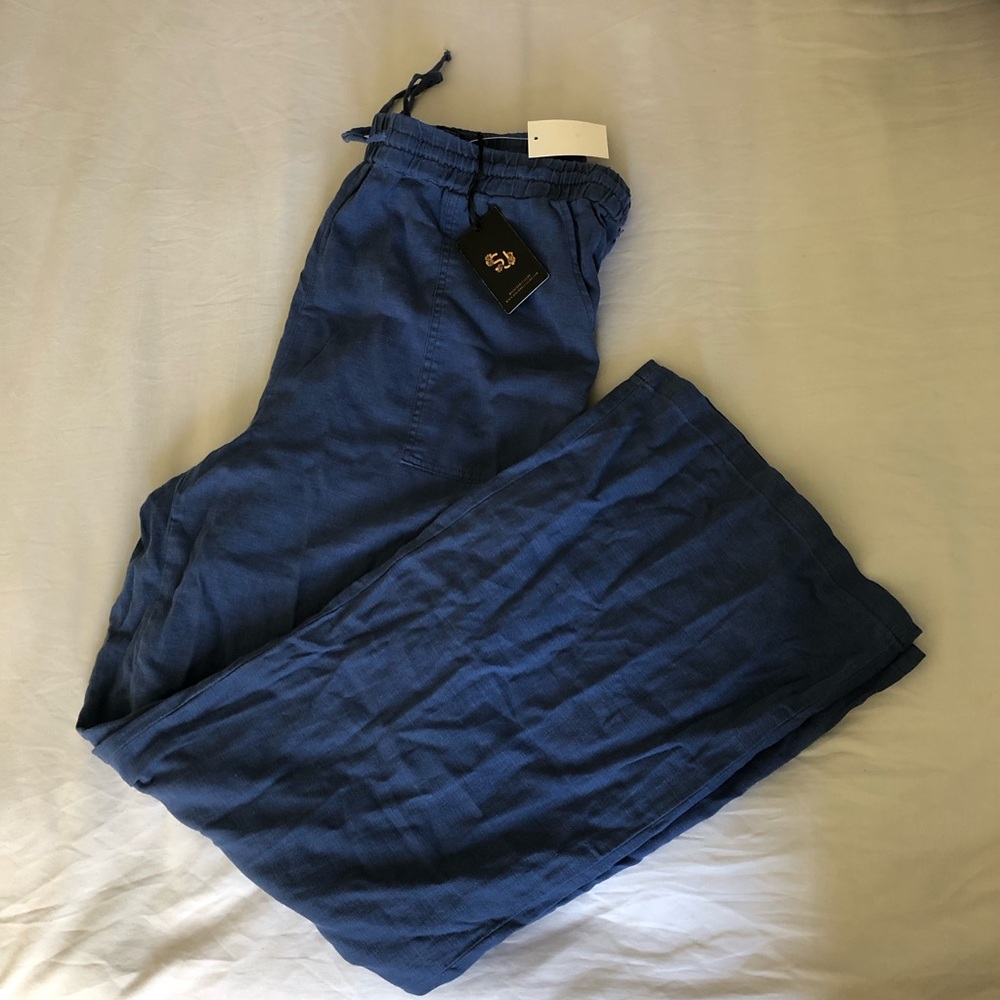 NWT Sincerely Jules wide leg Navy Linen-Blend Drawstring Pants